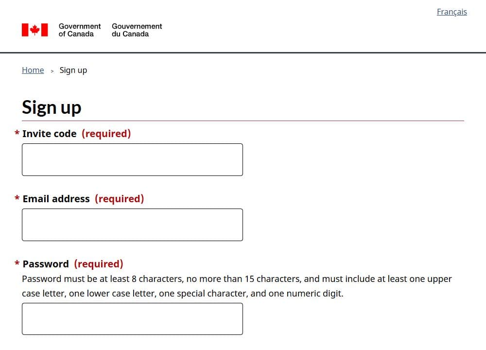 Top of the IRCC Portal registration form with invite code, email and password fields