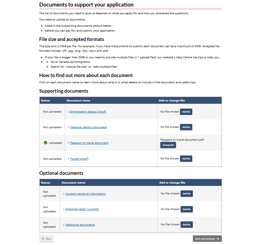 IRCC Portal page showing a personalized document checklist and upload fields