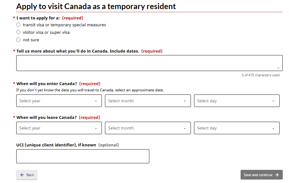 IRCC Portal page for choosing a visitor visa and entering the trip purpose and dates